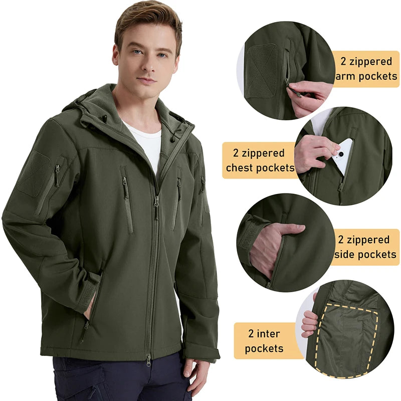 Men's Waterproof Softshell Tactical Jacket Winter Windproof Fleece Hoodie Jacket Outdoor Hiking Skiing Windbreaker Coat