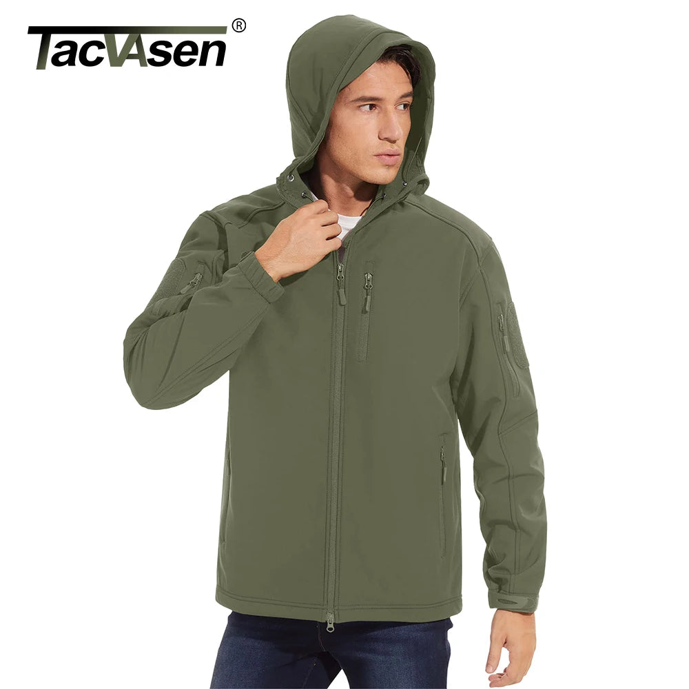 TACVASEN Men's Soft-shell Hooded Hiking Jackets Waterproof Fleece Lined Coat with Zipper Pockets Working Outdoor Windbreaker